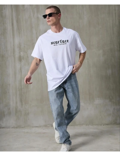 Erkek Kısa Kol Yazlık Tişört Bisiklet Yaka Baskılı Oversize T-Shirt - Beyaz