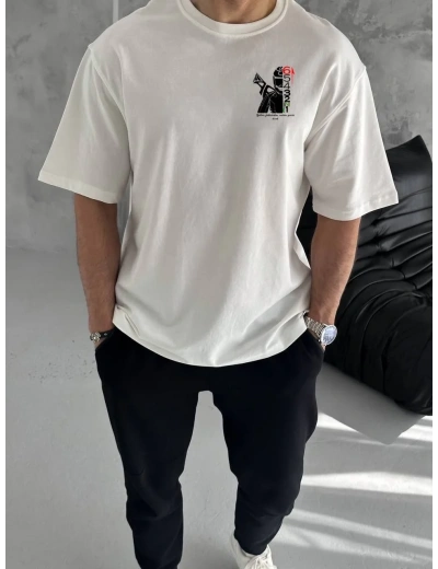 Erkek Kısa Kol Yazlık Tişört Bisiklet Yaka Baskılı Oversize T-Shirt - Beyaz