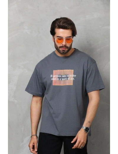 Erkek Baskılı T-Shirt Kısa Kol Bisiklet Yaka Regular Fit Rahat Kalıp Tişört -  Füme
