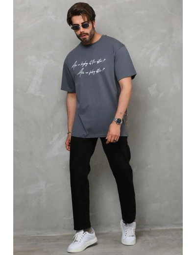 Erkek Kısa Kol Yazlık Tişört Bisiklet Yaka Baskılı Oversize T-Shirt - Füme