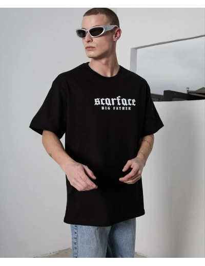 Erkek Kısa Kol Yazlık Tişört Bisiklet Yaka Baskılı Oversize T-Shirt - Siyah