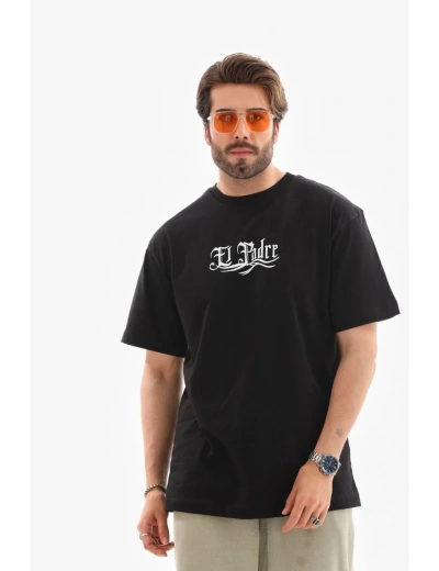 Erkek Kısa Kol Yazlık Tişört Bisiklet Yaka Baskılı Oversize T-Shirt - Siyah