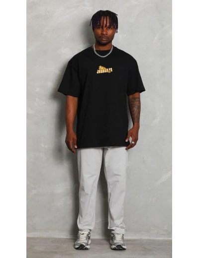 Erkek Kısa Kol Yazlık Tişört Bisiklet Yaka Baskılı Oversize T-Shirt - Siyah