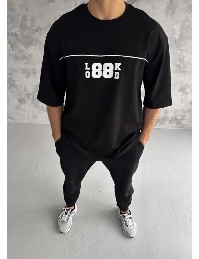 Erkek Kısa Kol Yazlık Tişört Bisiklet Yaka Baskılı Oversize T-Shirt - Siyah