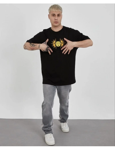 Erkek Kısa Kol Yazlık Tişört Bisiklet Yaka Baskılı Oversize T-Shirt - Siyah