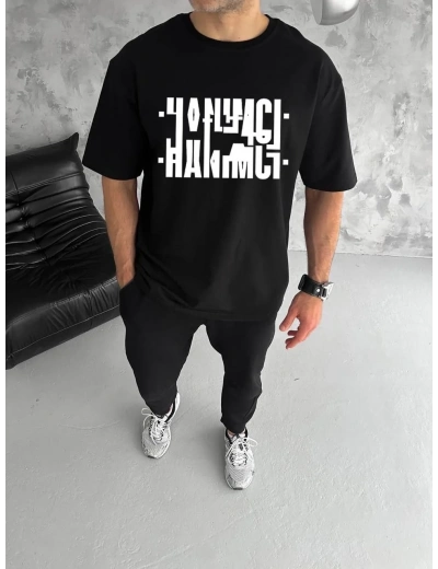 Erkek Tişört Kısa Kol Bisiklet Yaka Katlanan HANIMCI Baskılı T-Shirt - Siyah