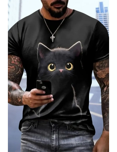 Erkek Bisiklet Yaka Kedi Baskılı Süprem T-shirt