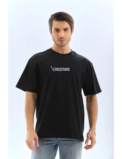 Erkek Kısa Kol Yazlık Tişört Bisiklet Yaka KELEBEK Baskılı  T-Shirt - Siyah