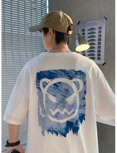 Erkek Tişört Bisiklet Yaka Kore sevimli ayı baskı Kısa Kol T-Shirt  - Beyaz