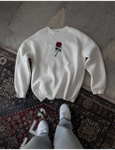 ERKEK 3 iplik Pamuklu Bisiklet Yaka Ön Ve Arka Baskılı SweatShirt -  Beyaz