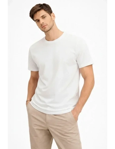 Erkek Bisiklet Yaka Tişört Regular Kalıp Basic Pamuklu Günlük Kullanım T-shirt - Beyaz