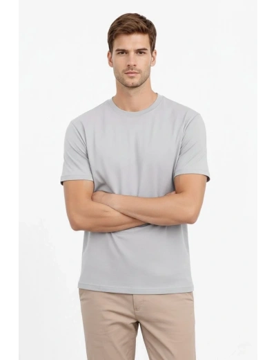 Erkek Bisiklet Yaka Yazlık Kısa kol Düz Tişört Regular Kalıp T-shirt - Gri