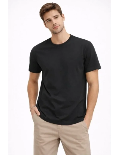 Erkek Bisiklet Yaka Tişört Regular Kalıp Basic Pamuklu Günlük Kullanım T-shirt - Siyah