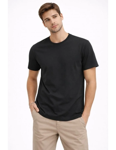 Erkek Bisiklet Yaka Tişört Regular Kalıp Basic Pamuklu Günlük Kullanım T-shirt - Siyah