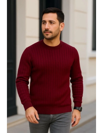 Erkek Bisiklet Yaka Triko Kazak Pamuklu Kalın Fitilli Dokuma Regular Fit - Bordo