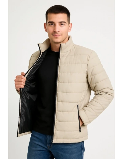 Erkek Bomber Mont Ceket – Su İtici Kumaş, Kapitone Astarlı, Fermuarlı, Kışlık - Bej