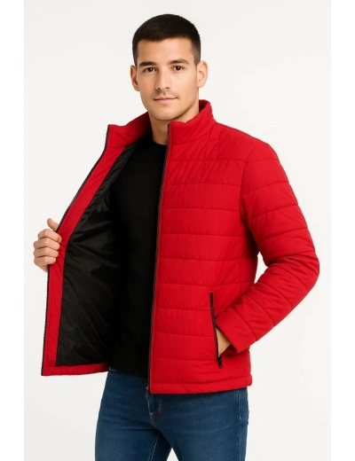 Erkek Bomber Mont Ceket – Su İtici Kumaş, Kapitone Astarlı, Fermuarlı, Kışlık - Kırmızı