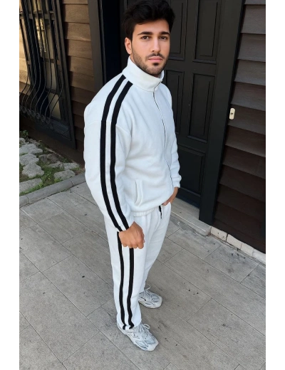 Erkek Çift Şeritli Eşofman Takım Dik Yaka Fermuarlı Sweatshirt Boru Paça Alt - Beyaz