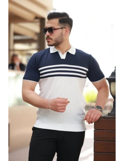 Erkek çizgi Desenli Yakalı Kısa Kollu T-shirt