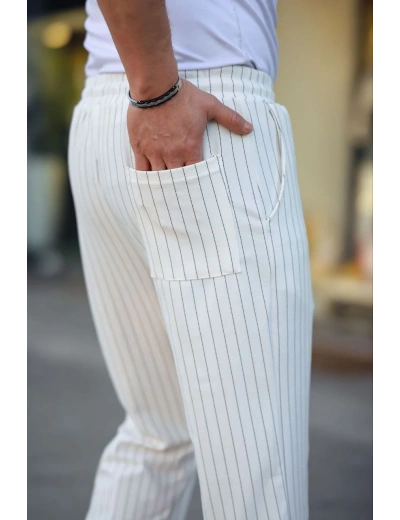 Erkek Cizgili Dokuma Krep Jogger Buggy Pantalon Rahat kalıp - Beyaz