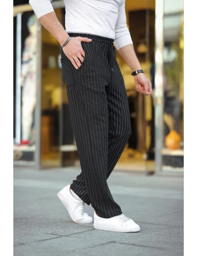 Erkek Cizgili Dokuma Krep Jogger Buggy Pantalon Rahat kalıp - Siyah