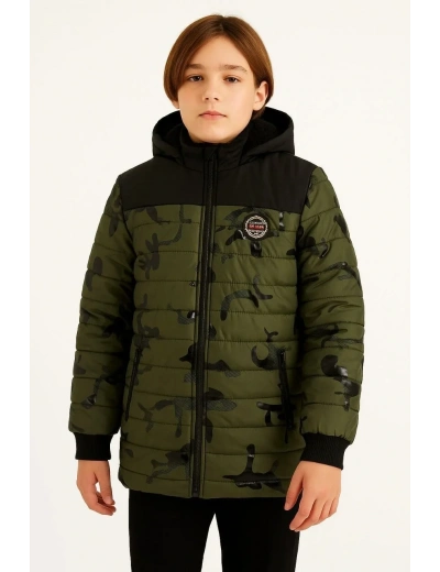 Erkek Çocuk Kamuflaj Desenli Mont İçi Sıcak Tutan Pelüş Astarlı, Kapüşonlu, Fermuarlı Kışlık Su İtici Şişme Mont - Haki