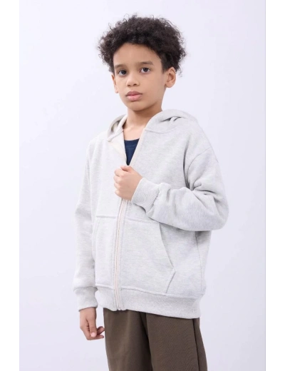 Erkek Çocuk Kapüşonlu Kanguru Çepli Tam Fermuarlı Hırka SweatShirt - Gri