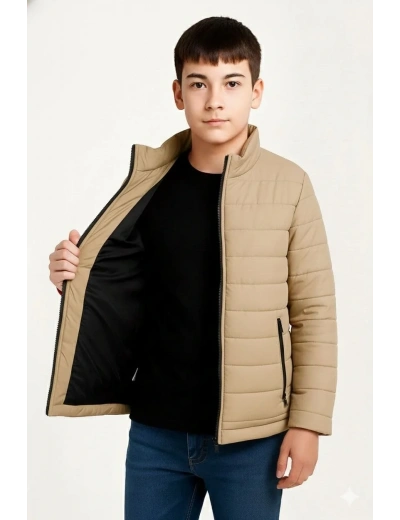 Erkek Çocuk Şişme Mont Hafif ve Sıcak Tutucu Kışlık Fermuarlı Su İtici Rahat Günlük Mont Kapüşonuz Modern Tasarım - Bej