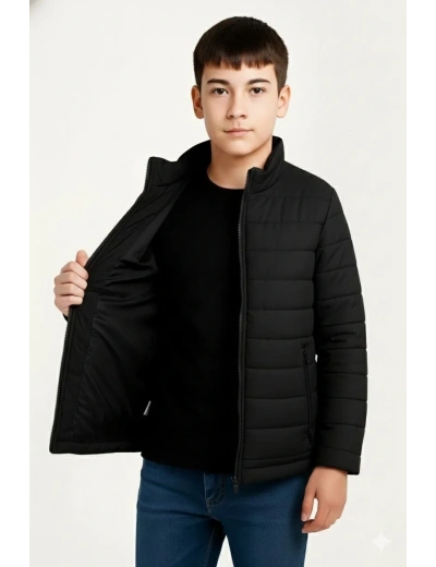 Erkek Çocuk Şişme Mont Hafif ve Sıcak Tutucu Kışlık Fermuarlı Su İtici Rahat Günlük Mont Kapüşonuz Modern Tasarım - Siyah