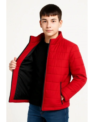 Erkek Çocuk Şişme Mont Hafif ve Sıcak Tutucu Kışlık Fermuarlı Su İtici Rahat Günlük Mont Kapüşonuz Modern Tasarım - Kırmızı