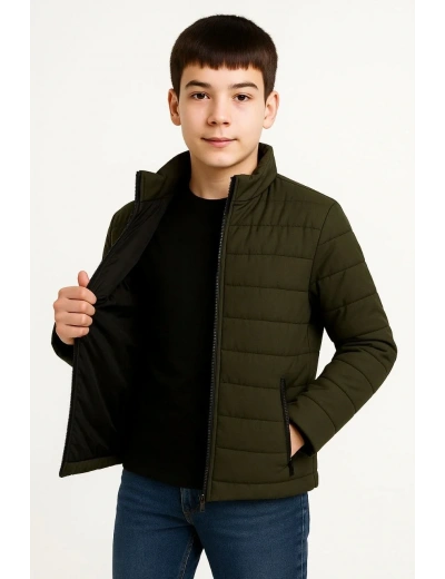 Erkek Çocuk Şişme Mont Hafif ve Sıcak Tutucu Kışlık Fermuarlı Su İtici Rahat Günlük Mont Kapüşonuz Modern Tasarım- Haki