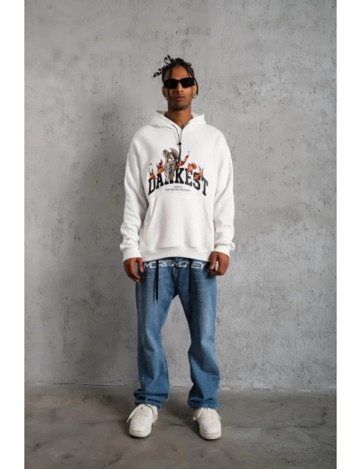 Erkek 3 İplik Pamuklu Kapüşonlu Baskılı Cepli Oversize Sweatshirt Hoodie - Beyaz