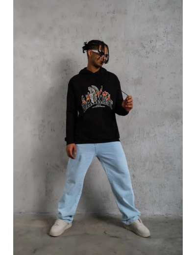 Erkek 3 İplik Pamuklu Kapüşonlu Baskılı Cepli Oversize Sweatshirt Hoodie - Siyah