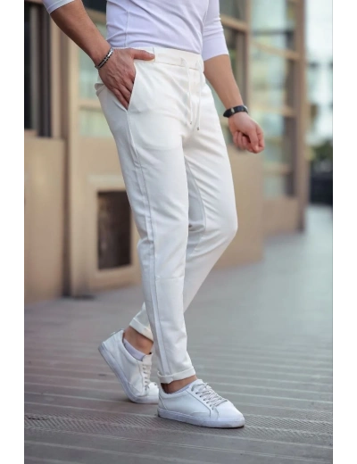 Erkek Diagonel Mikro dokulu Cepli Beli Lastilki Pantolon - Bej