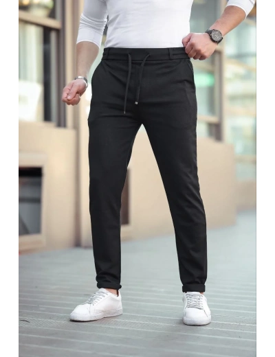 Erkek Diagonel Mikro dokulu Cepli Beli Lastilki Pantolon - Siyah