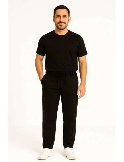 Erkek Diagonel Mikro dokulu Cepli Pantolon - Siyah