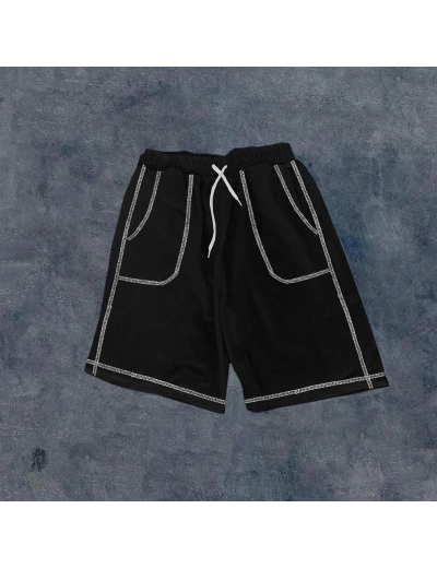 Erkek  Dikişli Cepli Oversize Şort - Siyah