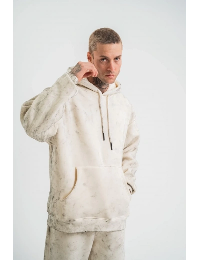 ERKEK  3 iplik Pamuklu Oversize Kapşonlu Yıkamalı SweatShirt Hoodie - Krem