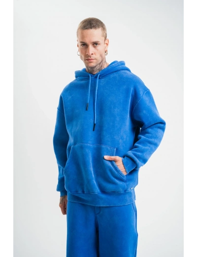ERKEK 3 İplik Pamuklu Oversize Kapüşonlu Yıkamalı Hoodie SweatShirt - Mavi