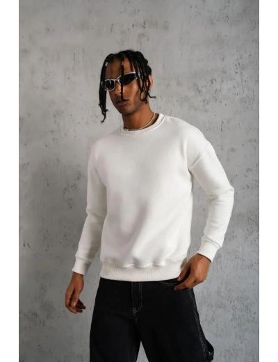 Erkek Düz Bisiklet Yaka Sweat - Beyaz