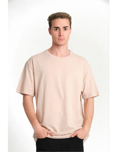 ERKEK Düz Tişört Bisikilet Yaka Kısa Kol Oversize T-shirt - Bej
