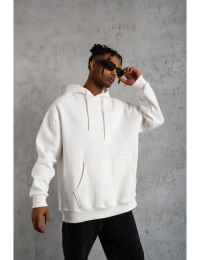 Erkek Düz Kapüşonlu Sweat - Beyaz