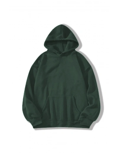 Erkek Düz Kapüşonlu Sweat - Koyu Yeşil