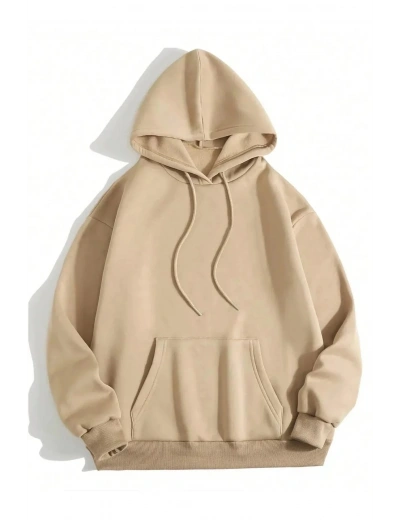 Erkek 3 İplik Pamuklu Kapüşonlu Kanguru Cepli Sweatshirt Hoodie -  Bej