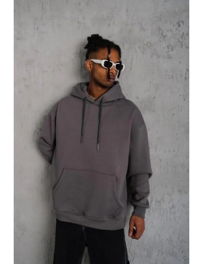 Erkek 3 İplik Pamuklu Kapüşonlu Kanguru Cepli Sweatshirt Hoodie - Gri