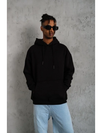 Erkek 3 İplik Pamuklu Kapüşonlu Kanguru Cepli Sweatshirt Hoodie -  Siyah