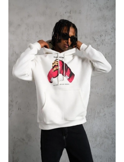 Erkek Kapüşonlu Cepli Boks Eldiven Baskılı 3 İplik Sweatshirt Hoodie - Beyaz