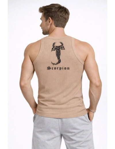 Erkek Fitilli Atlet Sıfır Yaka Slim Fit Arka Baskılı Spor Atlet - Bej