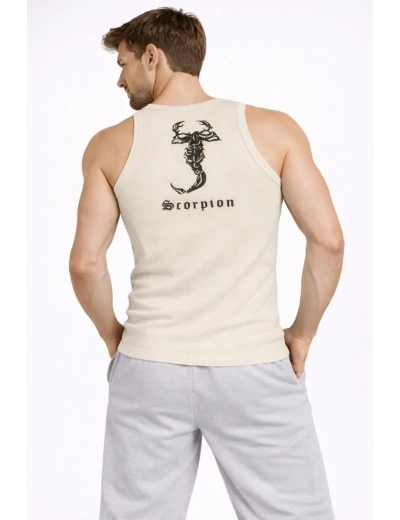 Erkek Fitilli Atlet Sıfır Yaka Slim Fit Arka Baskılı Spor Atlet - Krem