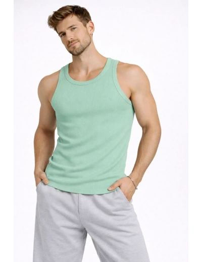 Erkek Fitilli Atlet Sıfır Yaka Slim Fit Arka Baskılı Spor Atlet - Mint Yeşili